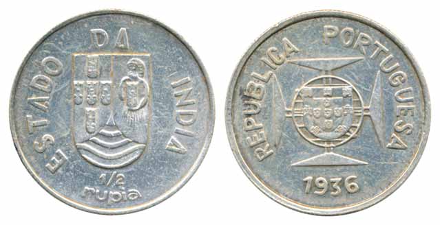 Silver ½ Rupia, 1936, Obv: Shield on Lined circle at centre of Maltese cross, Rev:Divided 
