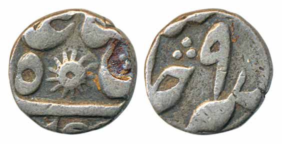 Silver 1/8 Rupee, 1.41g, Murshidabad Mint, in the name of Shah Alam II, RY 9, Sun bust as 