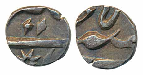 Silver 1/16 Rupee, 0.72g, Murshidabad Mint, in the name of Shah Alam II, RY 5, Sun bust as