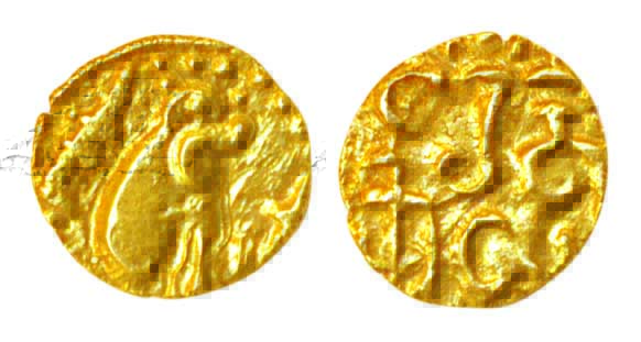 Cholas,Kullotunga Chola III, Gold ¼ Fanam, 0.09g, Obv: Royal emblem of Cholas Tiger and Fi