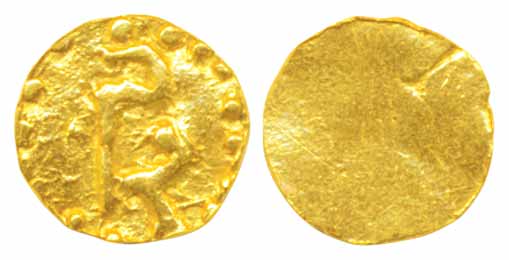 Cholas?, Gold 1/8 Fanam, 0.05g, Tamil initial on obv. Unifaced, uncirculated, rare
