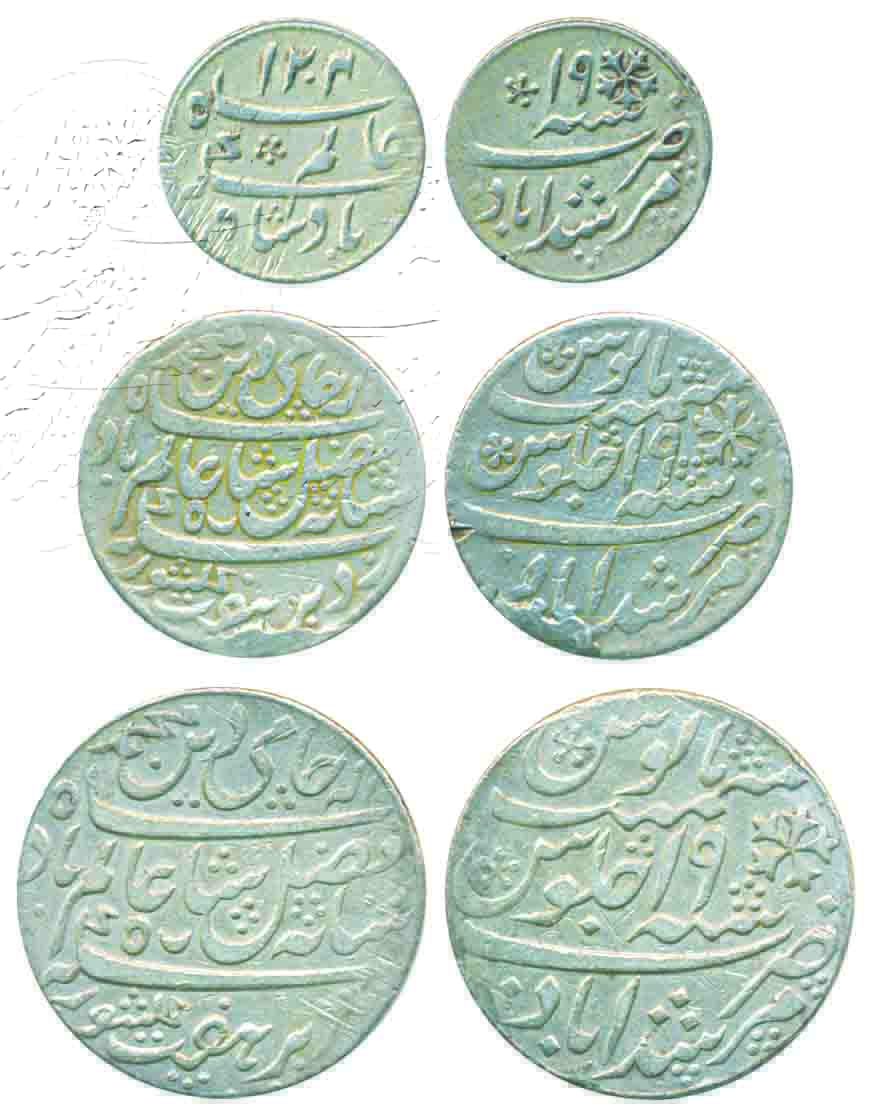 Silver (3), Rupee, ½ and ¼ Rupee, Murshidabad mint, in the name of Shah Alam II, RY 19. Ve