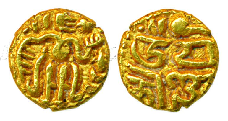 Cholas, Raja Raja I, Gold 2 Fanams, 0.72g, Obv: King standing looking right, Rev: Devagari