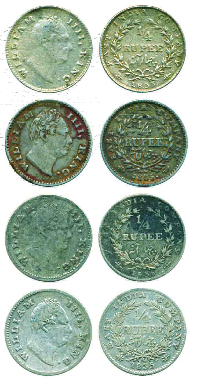 William IV, Silver ¼ Rupees (4), 1835. Very fine. 4 coins.
