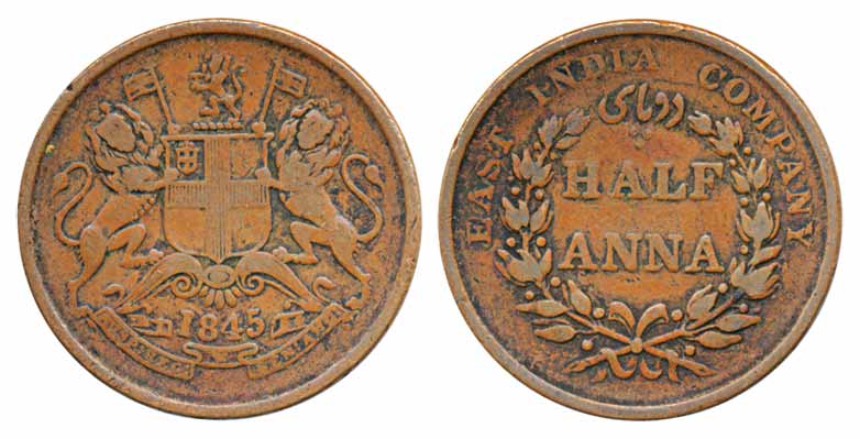 Copper ½ Anna, 1845, Calcutta Mint, Obv: Arms with supporters, Rev: Value within Wreath (K