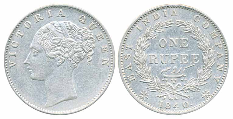 Victoria Queen, Silver Rupee, 1840, 35 Berries, with Cresent. Very fine+, rare.