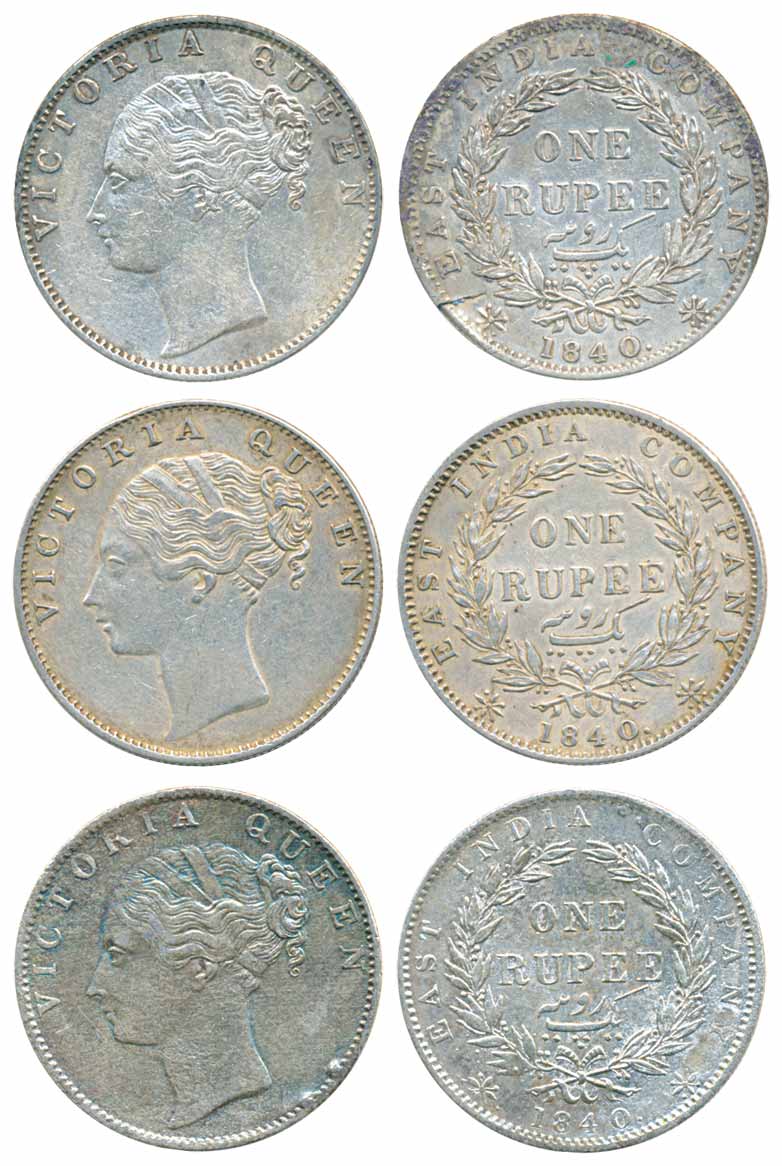 Victoria Queen, Silver Rupees (3), 1840, Calcutta Mint, 35 berries, Indian head, continuou