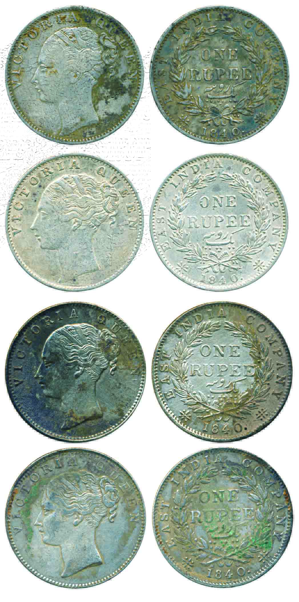 Victoria Queen, Silver Rupees (4), 1840, Calcutta Mint, 35 berries, continuous legend. Ver