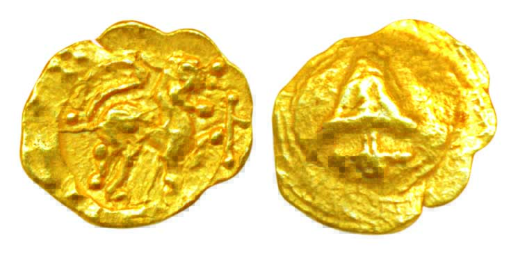 Kadamba, Gold Fanam, 0.37g, Lion with upraised leg on obv. Very fine, rare.