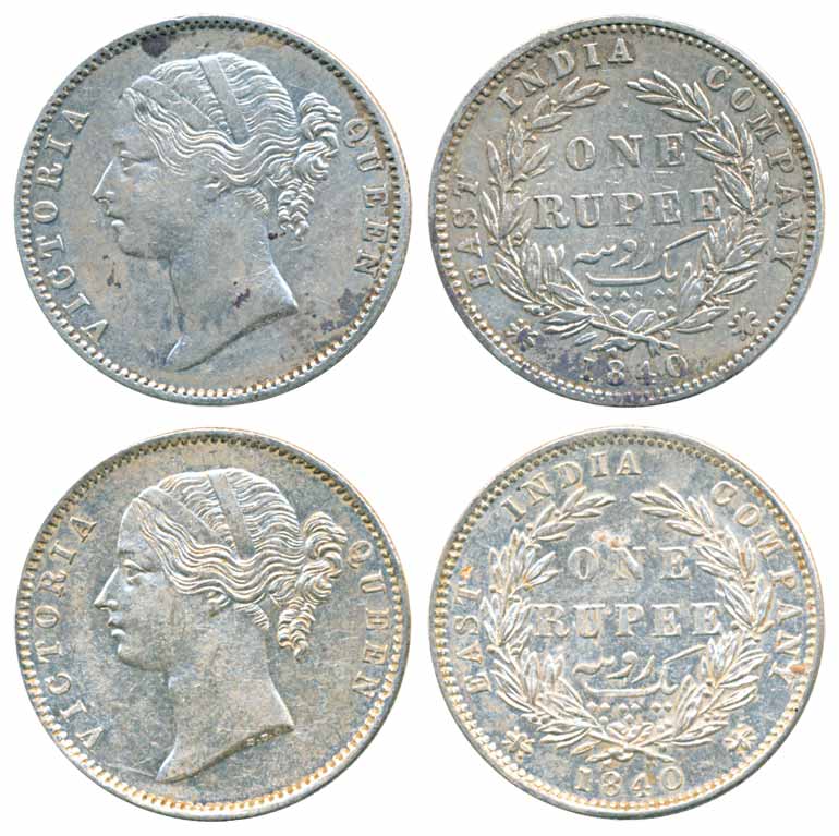 Victoria Queen, Silver Rupees (2), 1840, Madras Mint, WWB, Small B & Big B, divided legend