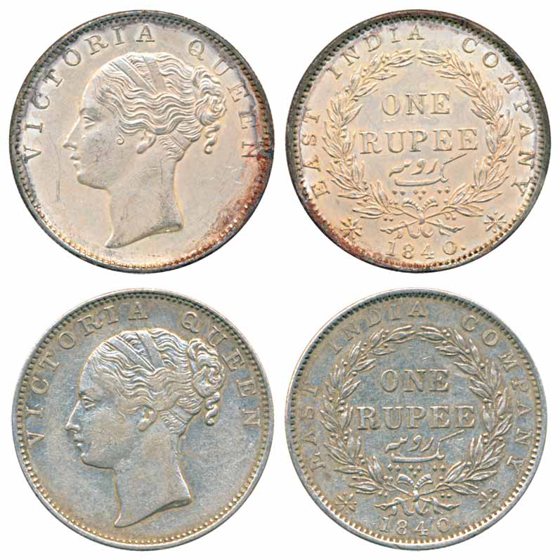 Victoria Queen, Silver Rupees (2), 1840, Madras Mint, S incused, no V, 35 berries, continu