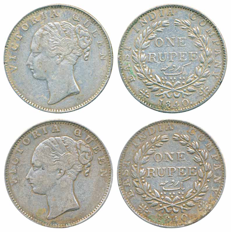 Victoria Queen, Silver Rupees (2), 1840, Madras Mint, S incused, V raised, continuous lege