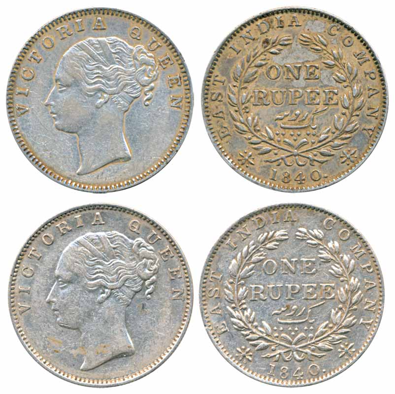 Victoria Queen, Silver Rupees (2), 1840, Madras Mint, S incused, No V, 19 berries, Madrase