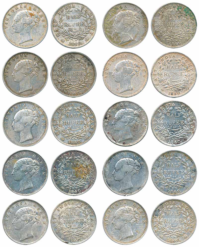 Victoria Queen, Silver ½ Rupees (10), 1840, continuous legend. Fine to very fine+. 10 coin