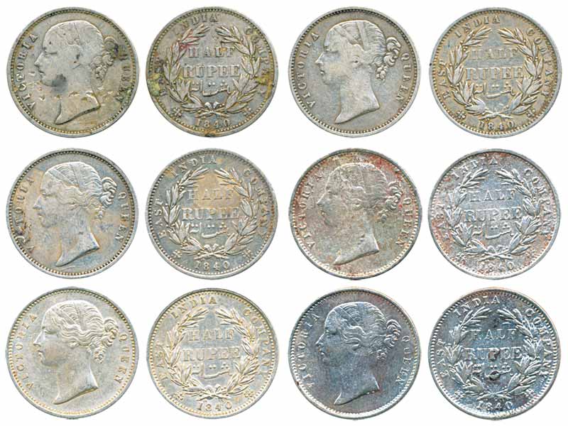Victoria Queen, Silver ½ Rupees (6), 1840, Divided legend. Fine to very fine+. 6 coins.
