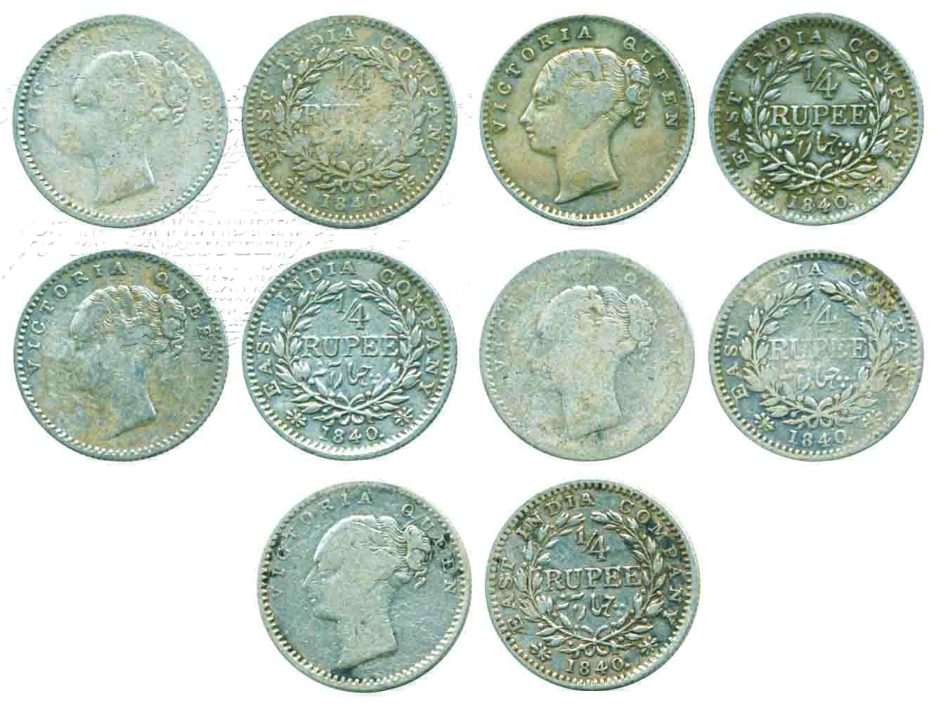 Victoria Queen, Silver ¼ Rupees (5), 1840, continuous legend. Fine to very fine+. 5 coins.