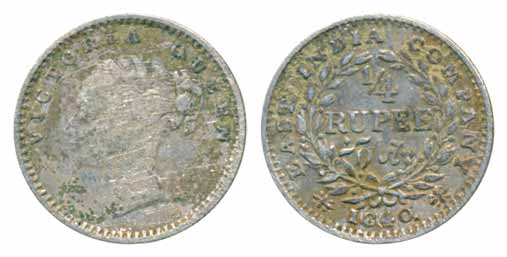 Victoria Queen, Silver ¼ Rupee, 1840, Madras Mint, S incused, continuous legend (Prid# 101