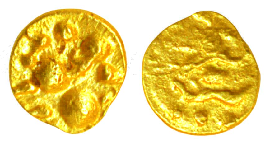 Kadamba, Gold ¼ Fanam, 0.09g, Lion to left with upraised leg on obv. Very fine, rare.