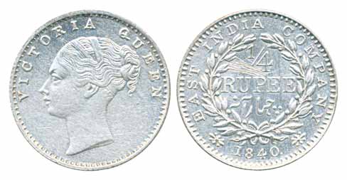 Victoria Queen, Silver ¼ Rupee, 1840, 20 Berries. Some scratch marks on rev otherwise very