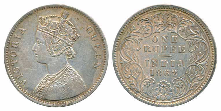 Victoria Queen, Silver Rupee, 1862, A/III (Prid# 65). Very fine+.