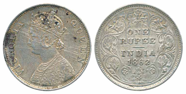 Victoria Queen, Silver Rupee, 1862, B/II (Prid# 57). Some scratch marks on obv. Fine+.