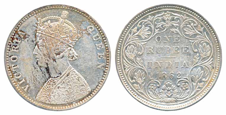 Victoria Queen, Silver Rupee, 1862, A/II, without cresent. Fine+.