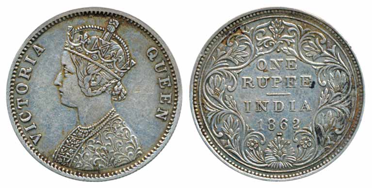 Victoria Queen, Silver Rupee, 1862, A/II/1/2 dot, without cresent (Prid# 103). Very fine.