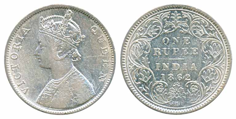 Victoria Queen, Silver Rupee, 1862, B/I/0/4 dot (Prid# 80). Rare. Very fine+.