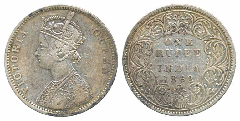 Victoria Queen, Silver Rupee, 1862, A/I/1/2 dot (Prid# 102). Fine+.