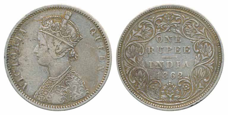 Victoria Queen, Silver Rupee, 1862, A/II/1/1 dot, without crescent (Prid# 99). Very fine.
