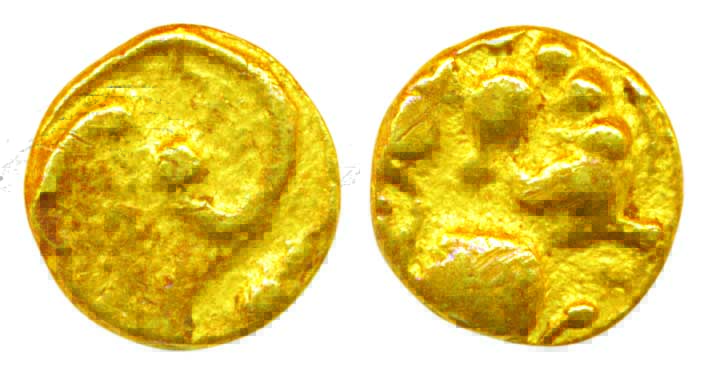 Kadambas, Gold Fanam, 0.52g, Obv: Lion facing right, Rev: Ornamental scroll. About very fi