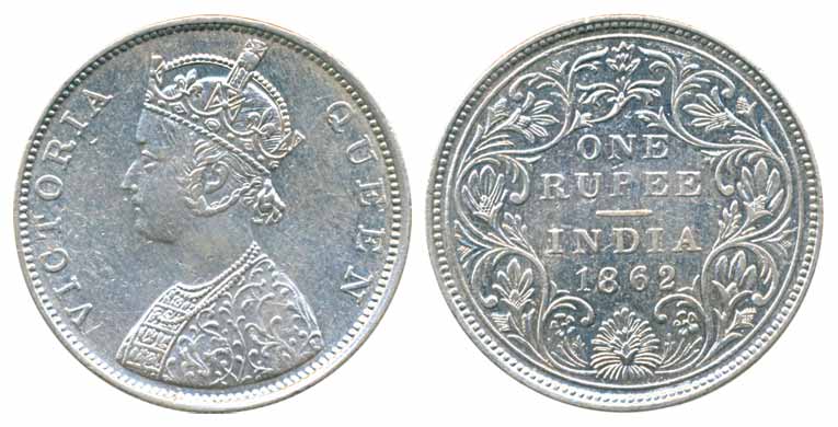 Victoria Queen, Silver Rupee, 1862, B/II (Prid# 58). Extremely fine.