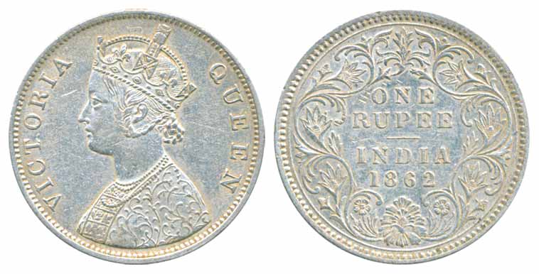 Victoria Queen, Silver Rupee, 1862, Rev III. Very fine+, rare.