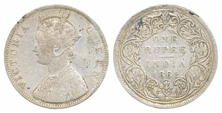 Victoria Queen, Silver Rupee, 1862, B/II/0/7 dot (Prid# 88). Fine+.