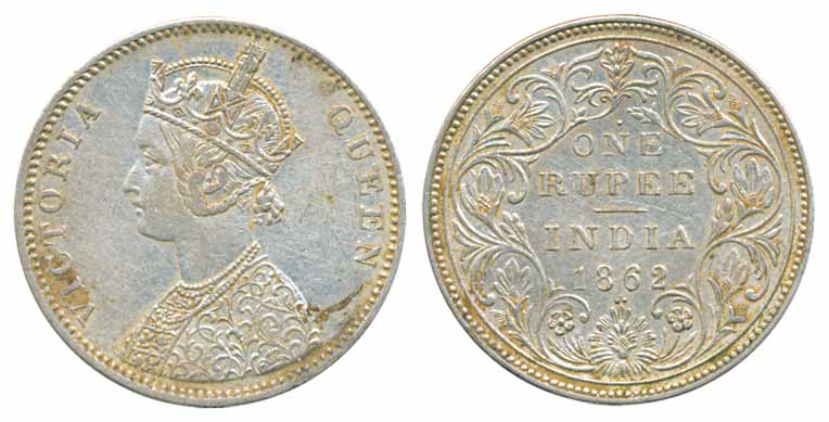 Victoria Queen, Silver Rupee, 1862, A/II/1/2 dot above N of one (Prid# 102). Very fine+