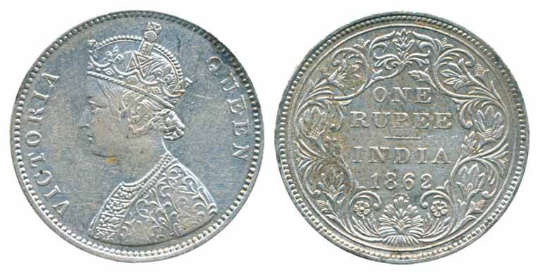 Victoria Queen, Silver Rupee, 1862, A/II/7 dot, without crescent (Prid# 87). Very fine+.