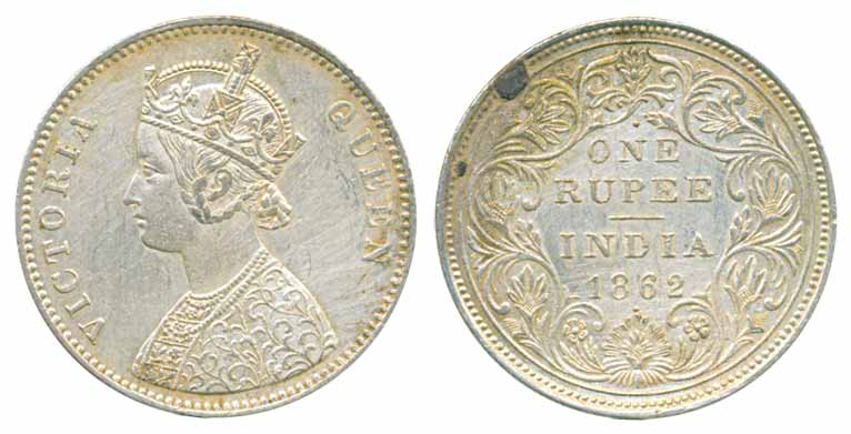 Victoria Queen, Silver Rupee, 1862, A/II/1/1 dot, dot above N of one, without crescent (Pr