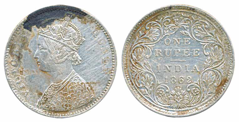 Victoria Queen, Silver Rupee, 1862, A/II/0/10 dot (Prid# 93). Heavy junk on obv. Fine.