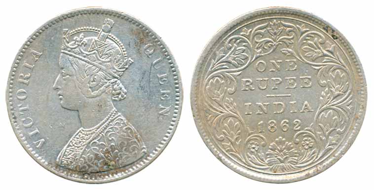 Victoria Queen, Silver Rupee, 1862, A/II/0/0, plain cone (Prid# 63). Very fine.