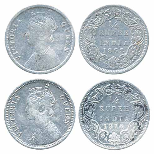 Victoria Queen, Silver ¼ Rupee, 1876 & 1862. Very fine, scarce. 2 coins.