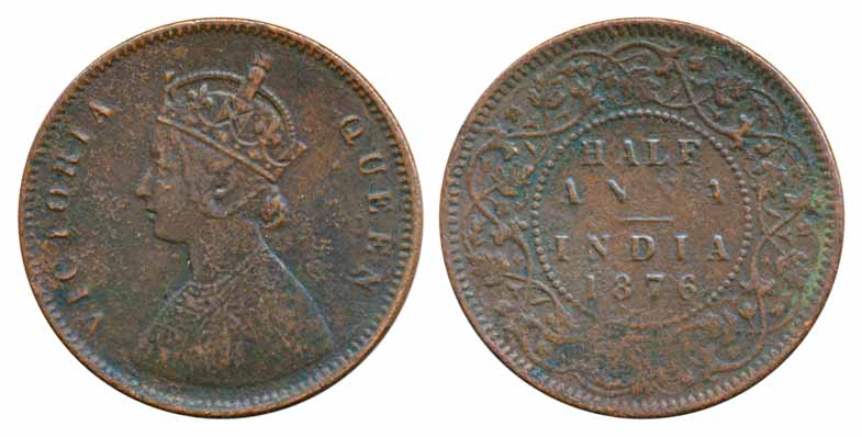 Victoria Queen, Copper ½ Anna, 1876. Very fine, scarce.
