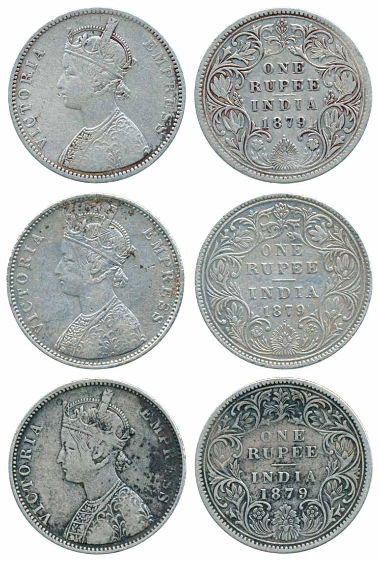 Victoria Empress, Silver Rupees (3), 1879. Very fine. 3 coins.
