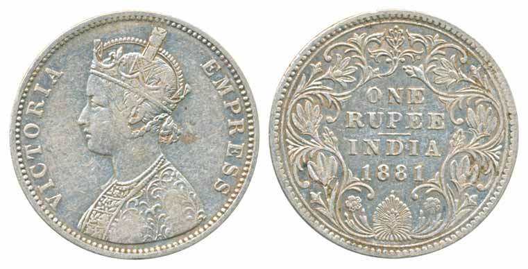 Victoria Empress, Silver Rupee, 1881, A3/IV dot (Prid# 157). Very fine.