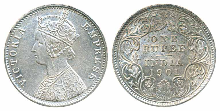 Victoria Empress, Silver Rupee, 1901, C3/I, C incused (Prid# 139). About uncirculated.