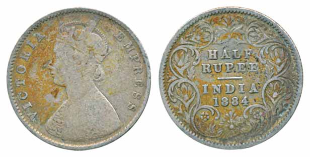 Victoria Empress, Silver ½ Rupee, 1884, Calcutta Mint (Prid# 268). Fine+.