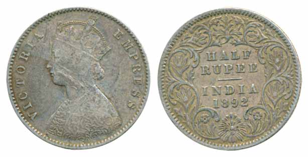 Victoria Empress, Silver ½ Rupee, 1892, Calcutta Mint (Prid# 276). Fine+.