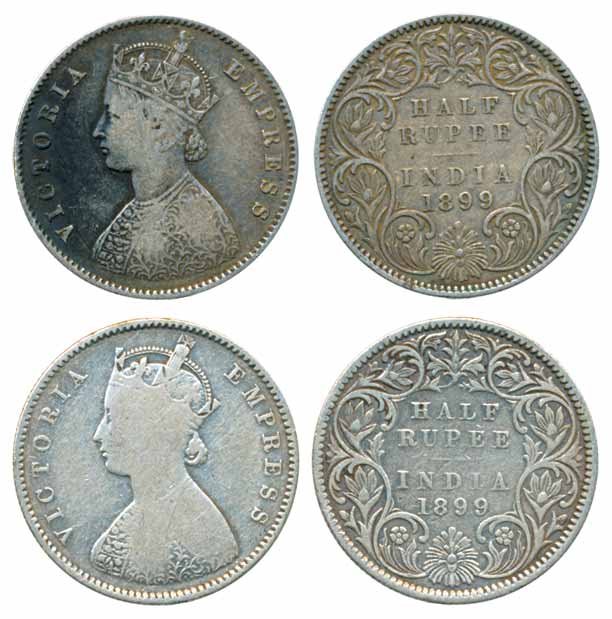 Victoria Empress, Silver ½ Rupee (2), 1899, Calcutta Mint (Prid# 282). Fine to very fine. 