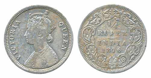 Victoria Empress, Silver 4 Annas, 1876, Calcutta Mint, C/II (Prid# 383). Very fine+, rare.