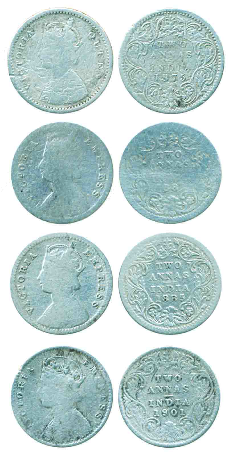 Victoria Empress, Silver 1/8 Rupees (4), 1881, 1885, 1875 & 1901. Fine to fine+, scarce. 4