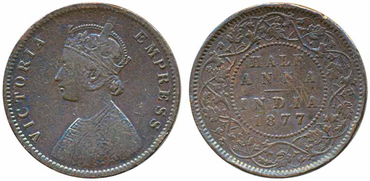 Victoria Empress, Copper ½ Anna, 1877. Very fine, scarce.